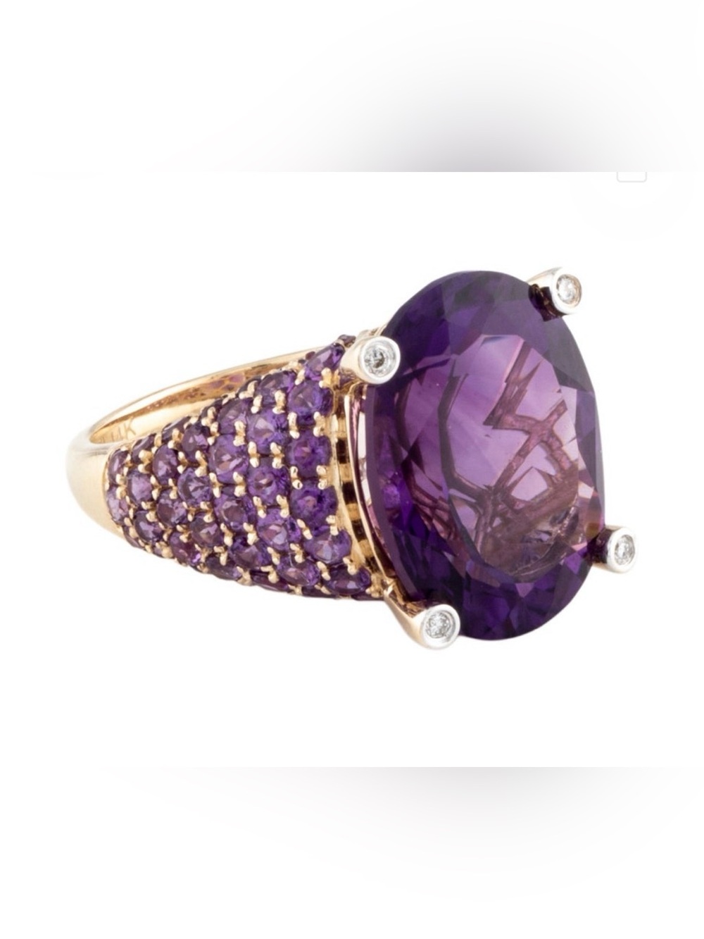 14K Gold Cocktail Ring with Large Oval Purple Amethyst Center and Pavé Amethyst